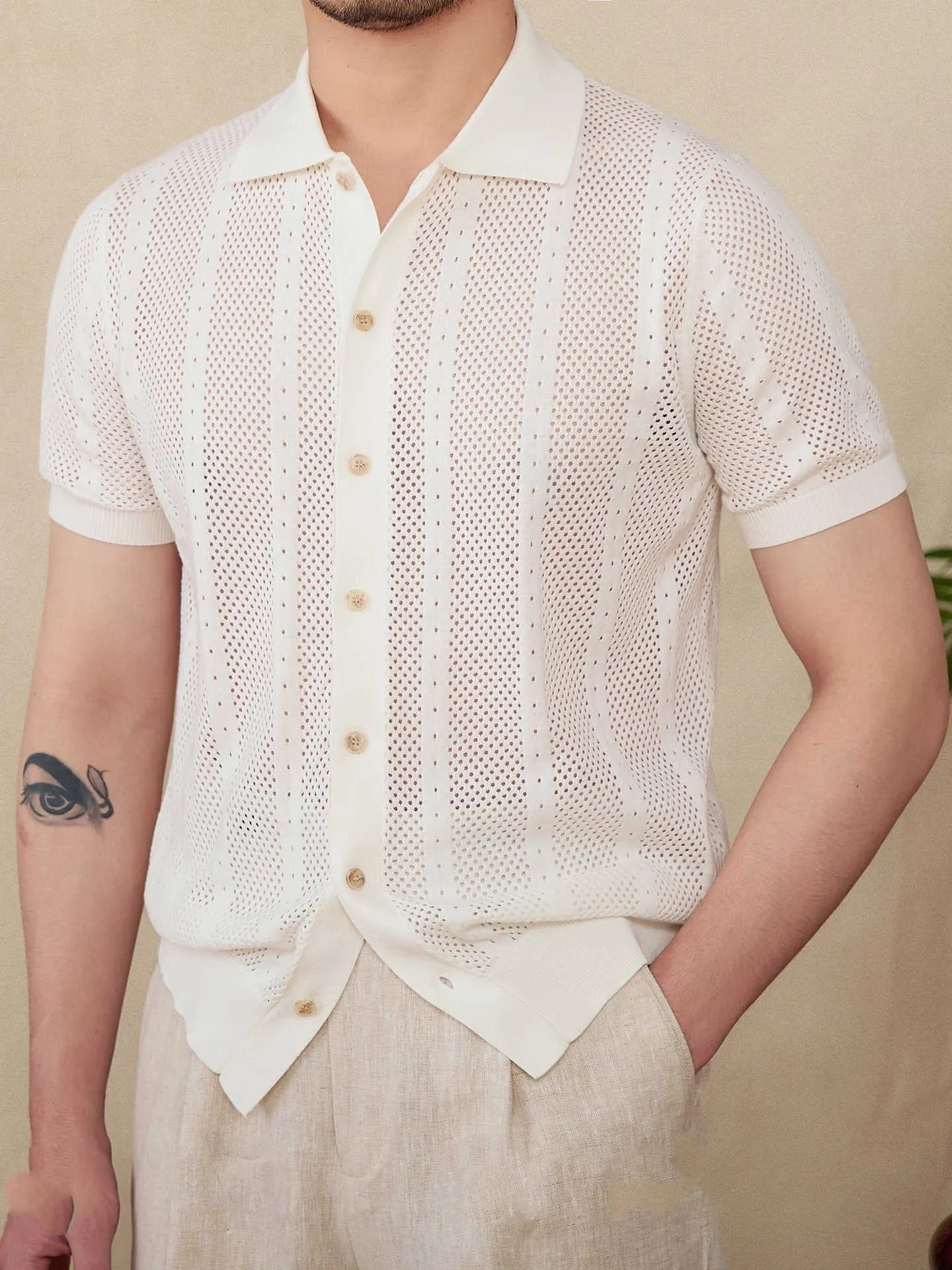 Men's short sleeve lapel cardigan in striped cotton knit, shown in creamy-white colour.
