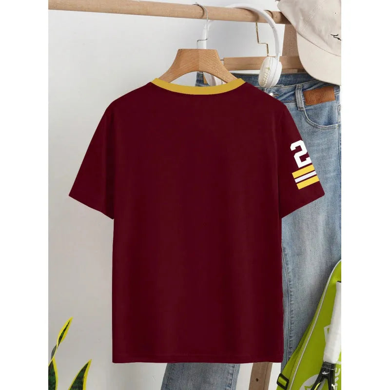 Red loose fit cotton t-shirt with printed letter pattern and short sleeves