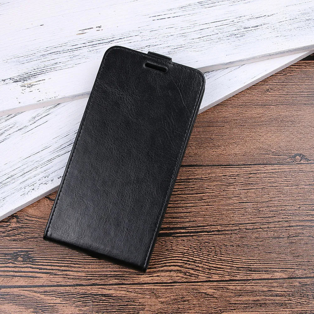 Honor 7X leather wallet phone case in black with card slots and crazy horse pattern texture.