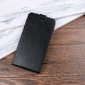 Honor 7X leather wallet phone case in black with card slots and crazy horse pattern texture.