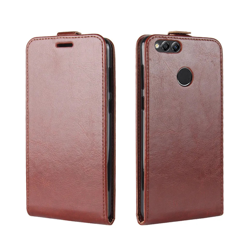 Honor 7X leather wallet phone case in black with card slots and crazy horse pattern texture.