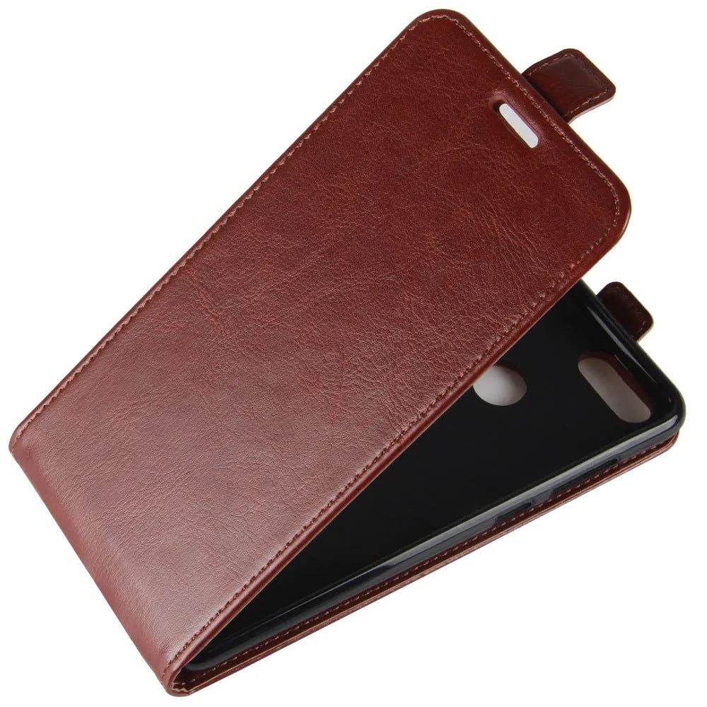 Honor 7X leather wallet phone case in black with card slots and crazy horse pattern texture.