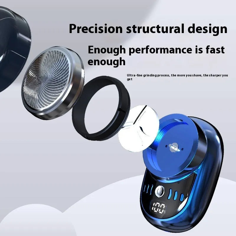 Mini electric shaver for men, black with LED digital display, removable cutter head, and USB charging cable