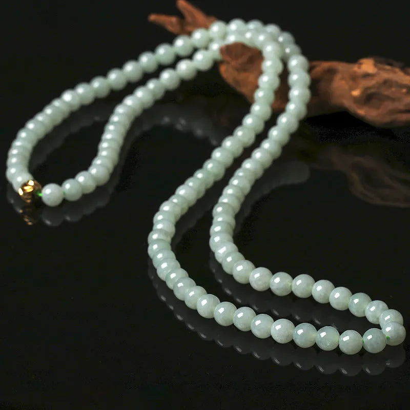 Natural jade bead necklace with round 6.5mm beads on adjustable chain