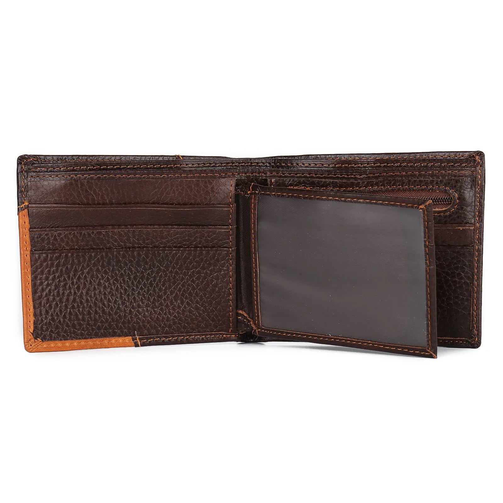 Horizontal soft cowhide men's wallet open to show bill holder, card slots, and zippered coin compartment with contrast stitching.