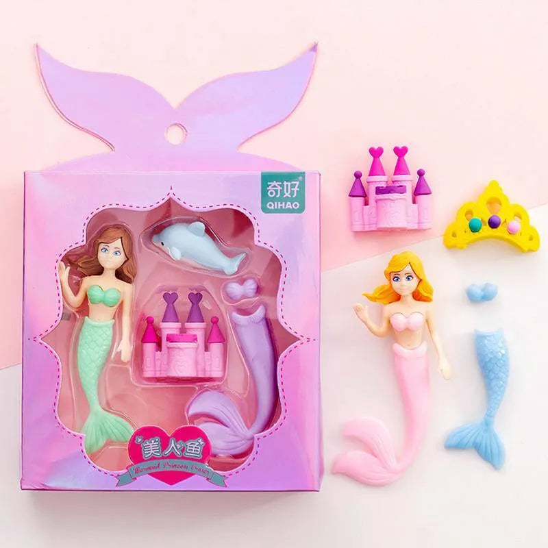 Flower Fairy eraser set with 12 TPR erasers in Flower Fairy and Mermaid designs measuring 14x13cm