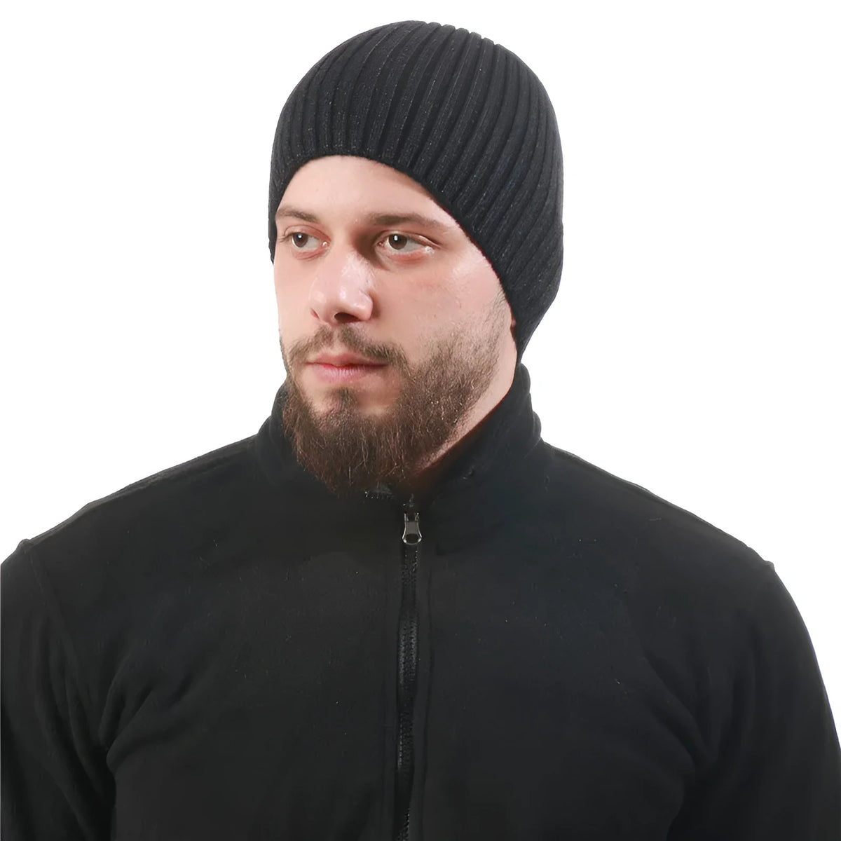 Men's warm acrylic knitted hat with conical crown and straight edge brim, average size, in black, gray, navy blue, army green, khaki, brown, wine red or white.