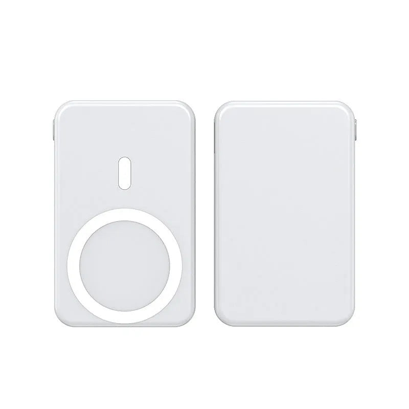 Ultra-thin portable power bank with wireless magnetic charging in white, black, or blue colour options