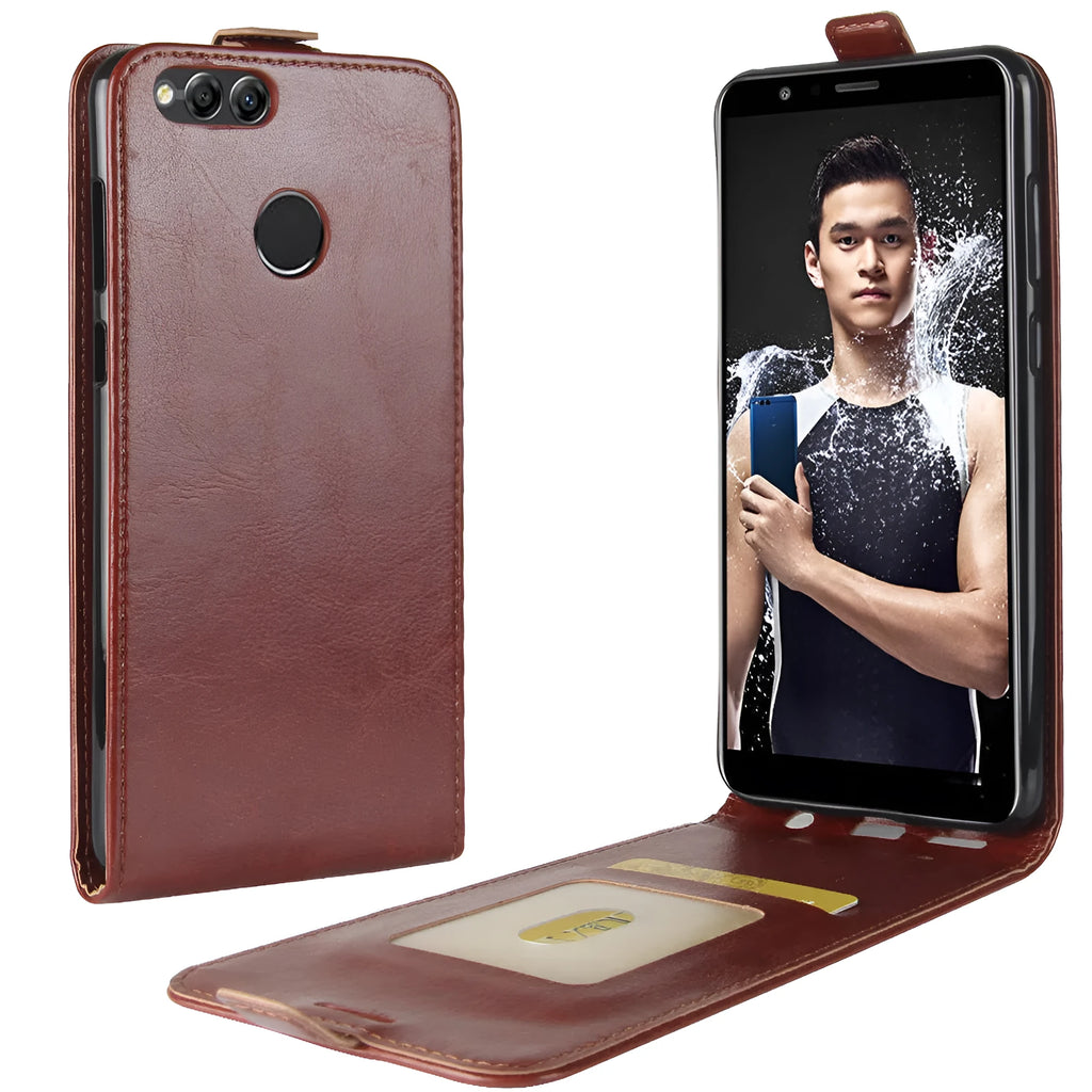 Honor 7X leather wallet phone case in black with card slots and crazy horse pattern texture.