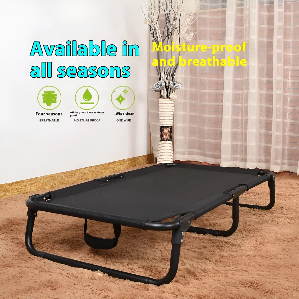 Folding steel frame dog camp bed with grey mesh fabric and a mattress in size large.