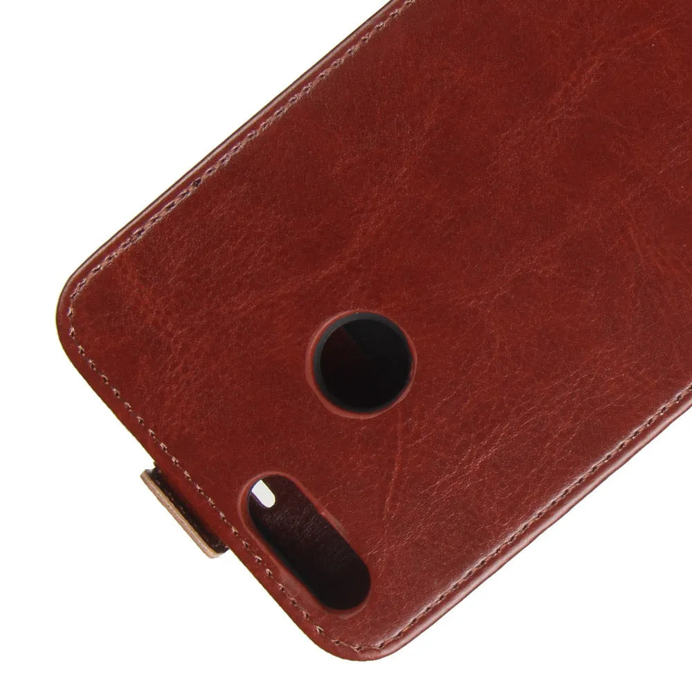 Honor 7X leather wallet phone case in black with card slots and crazy horse pattern texture.