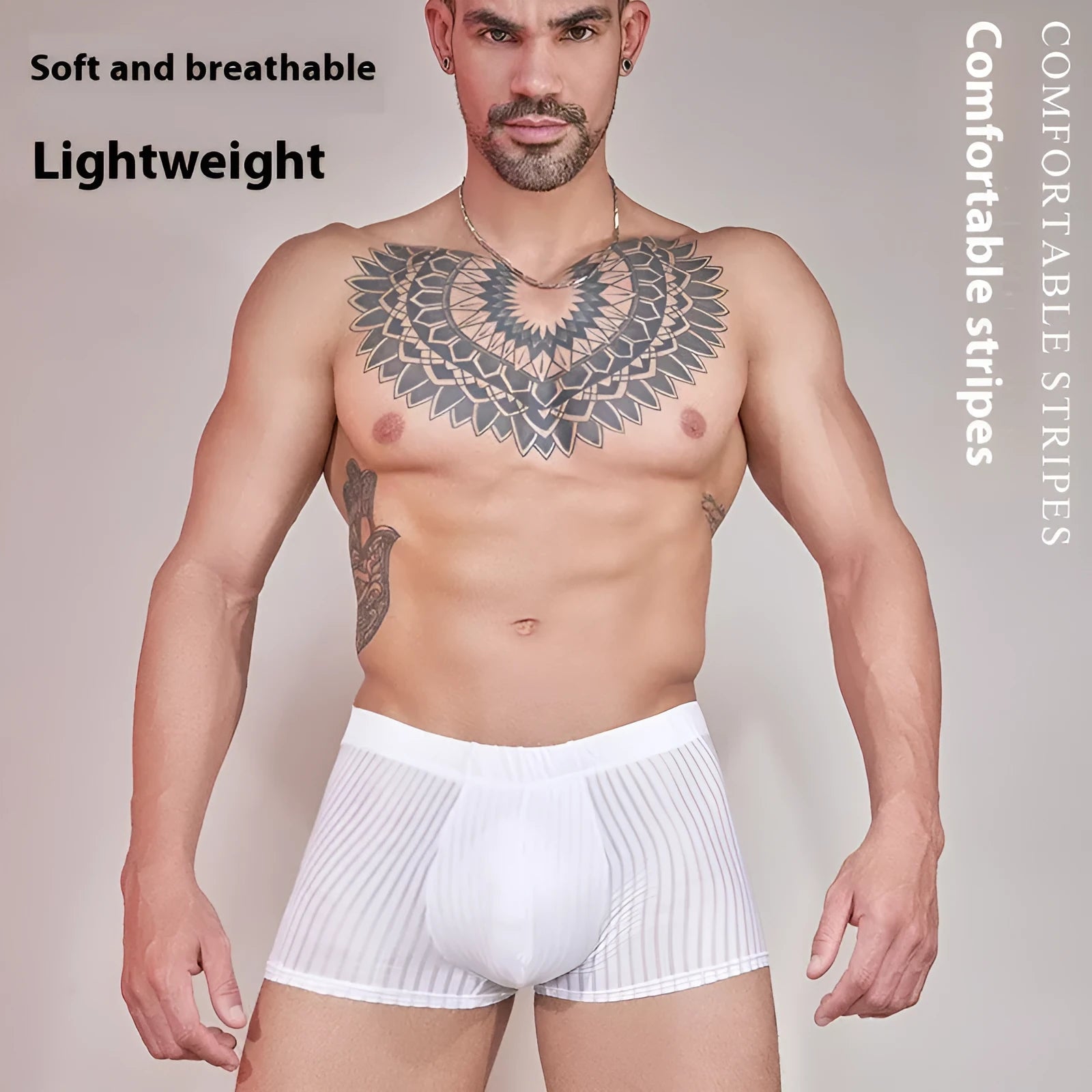 Men's striped thin underwear in black, white, and dark grey colours