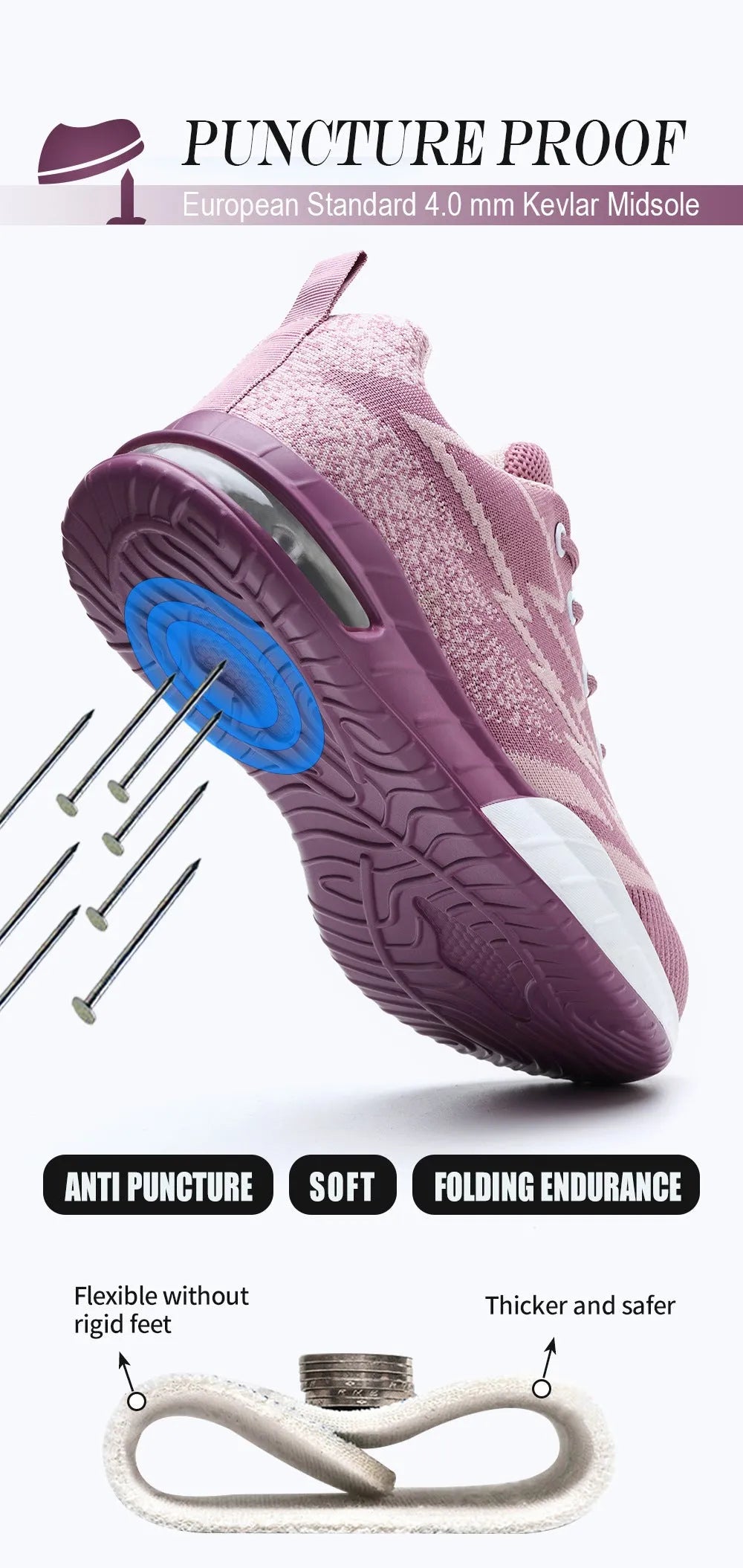Women's safety trainers with steel toe and Kevlar midsole, flying woven upper, rubber sole, pink or black, EU35-41