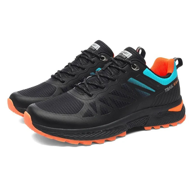 Men's black and grey breathable mesh running shoes with a lace-up front and rubber sole.