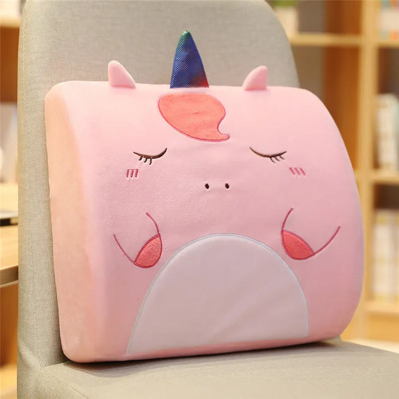 Cartoon memory foam seat back cushion with removable cover, shown in Pink Unicorn design.