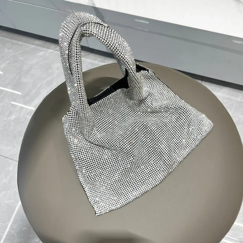 Silver cotton thread handbag with rhinestone decoration and open outer pocket