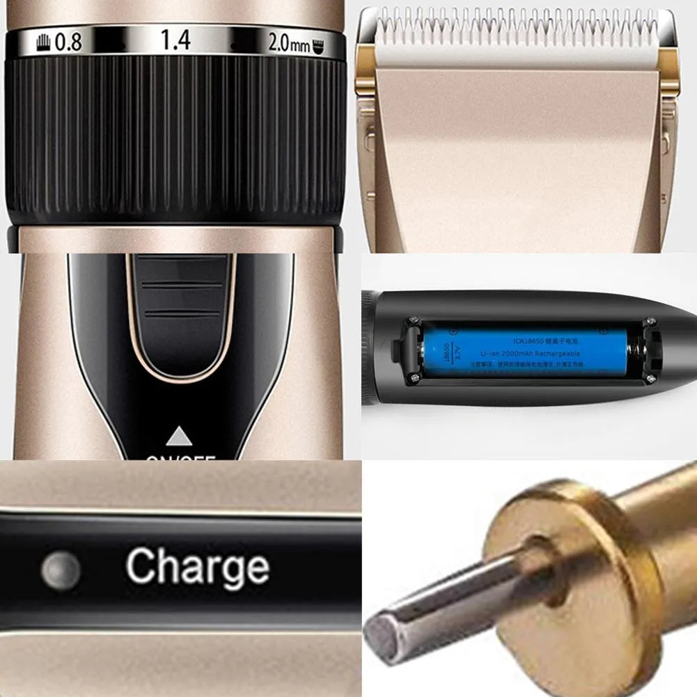 Golden cordless pet grooming clipper, 180mm x 45mm, with ceramic titanium blade, four guide combs and EU plug charger
