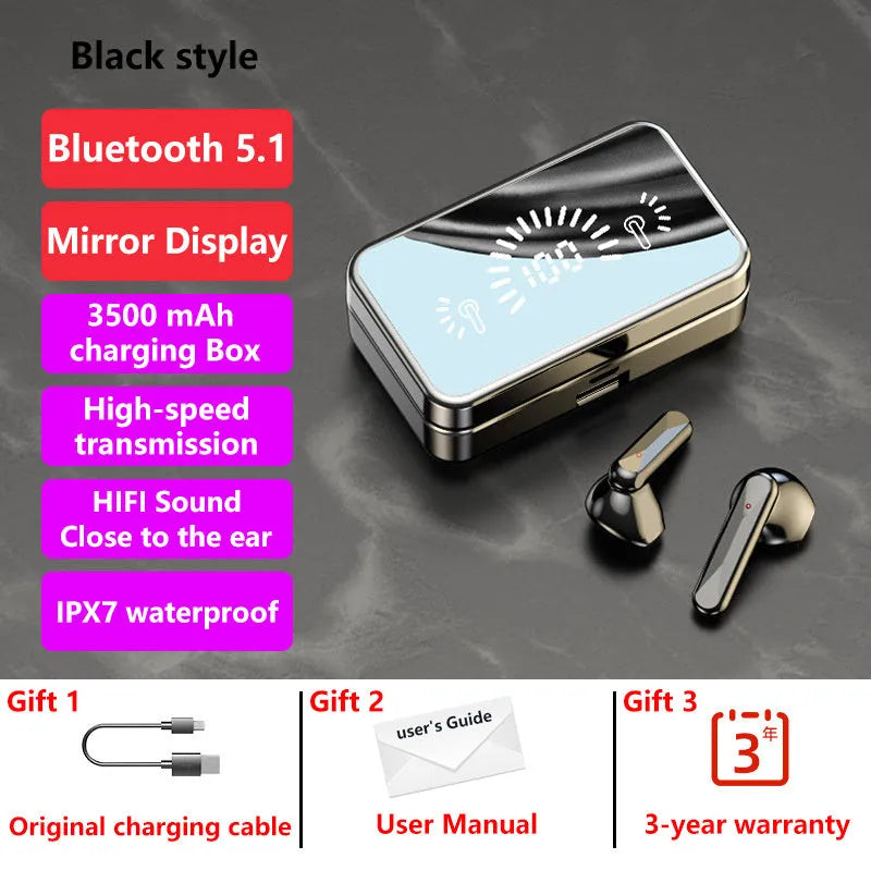 Wireless e-sports headset with Bluetooth 5.0, stereo earplug design, power display, in black colour