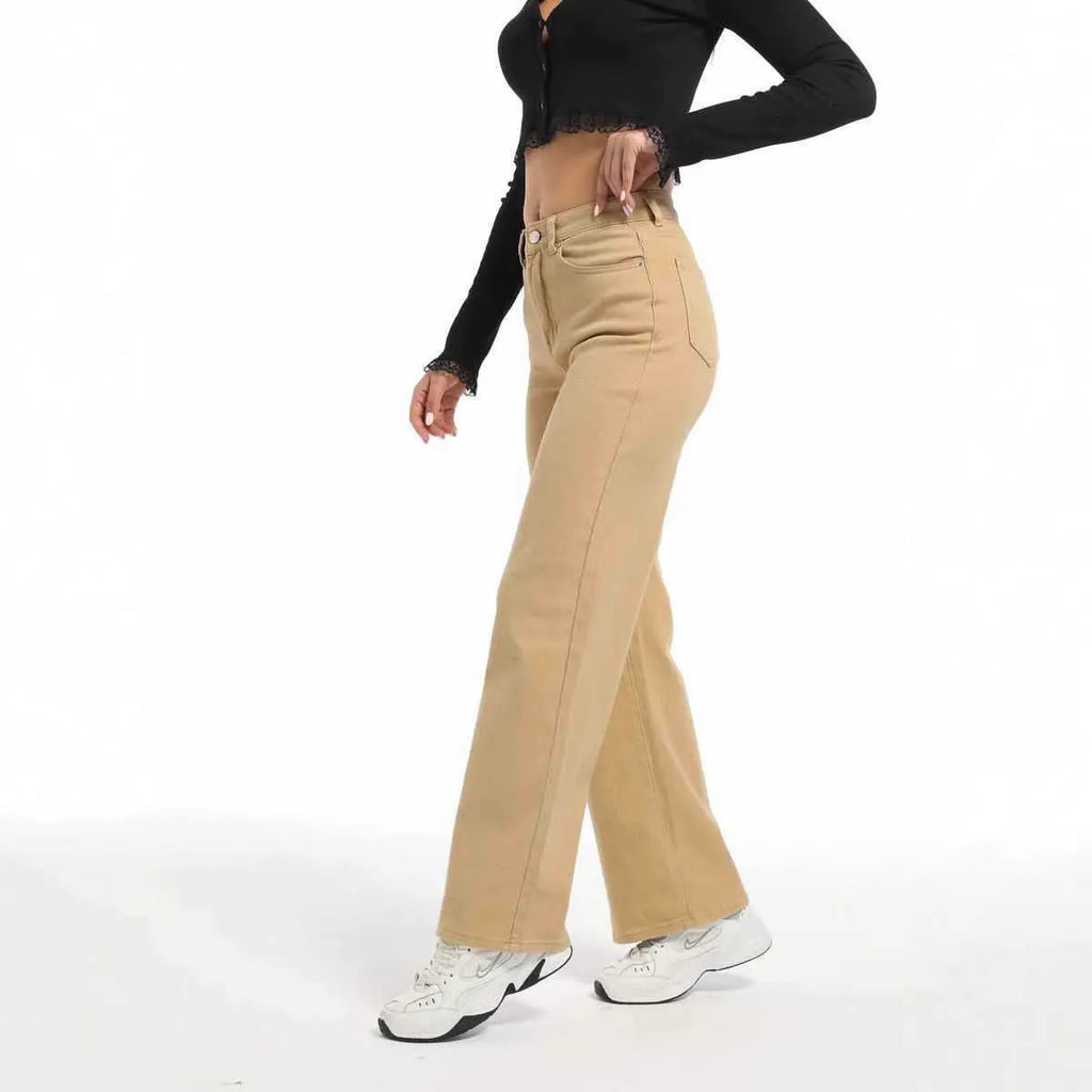 Women's high-waist wide-leg straight jeans in apricot colour, made from cotton.