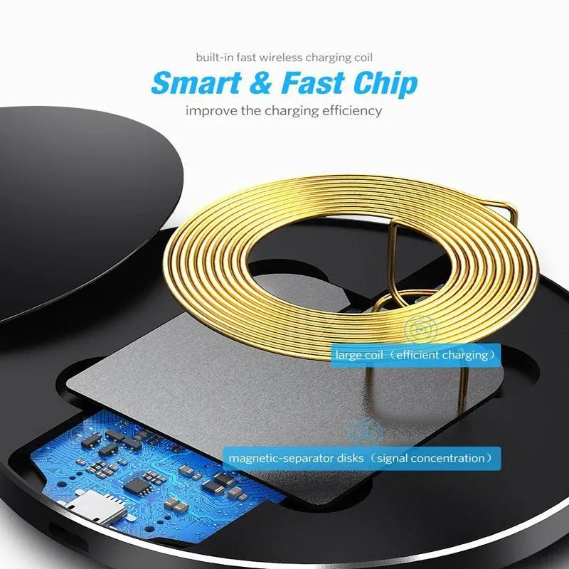 Black square wireless charging pad on desk with smartphone charging wirelessly