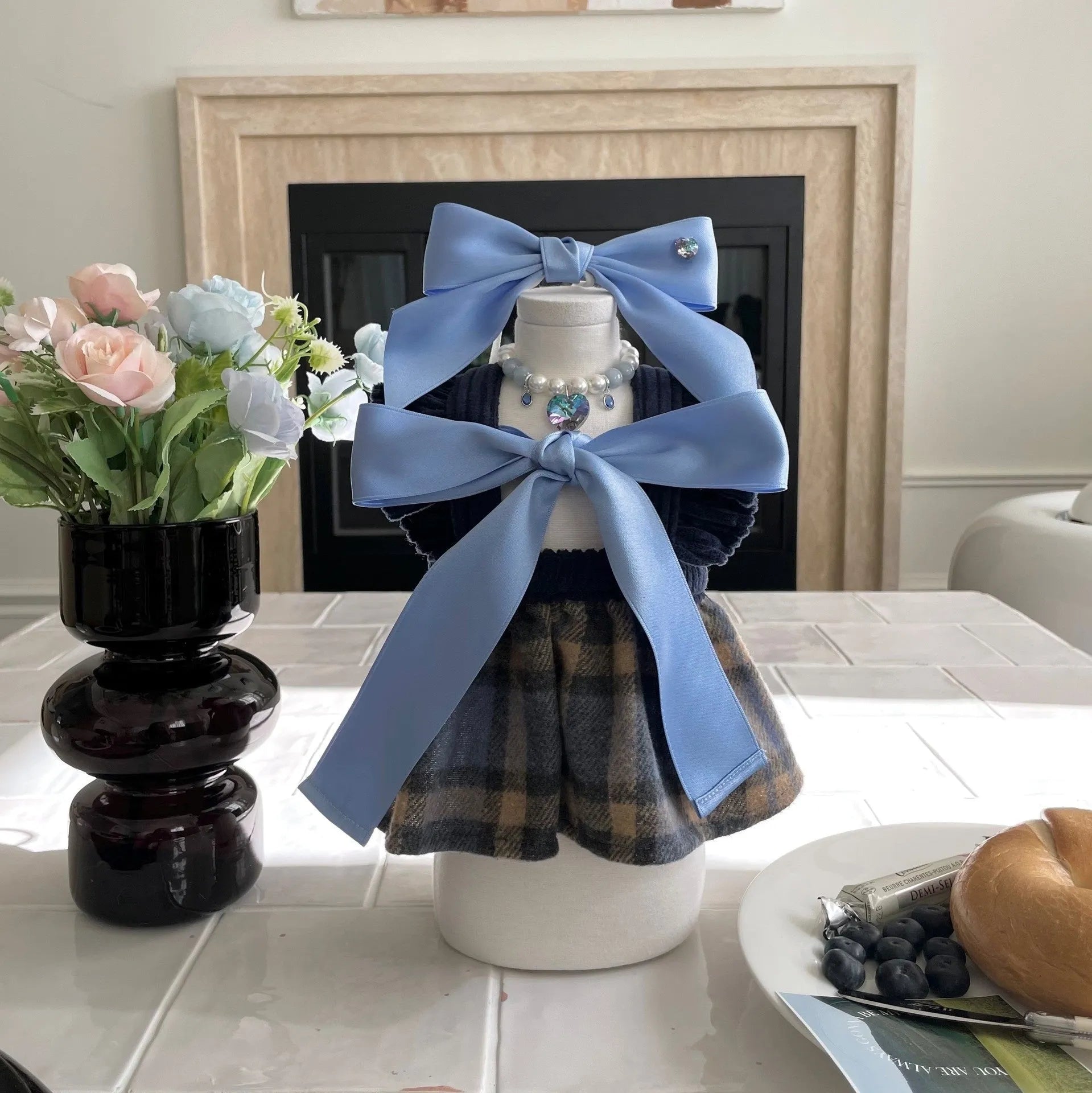 Princess style dog hair band headdress with a large, adjustable bow on a double-sided jacquard ribbon.