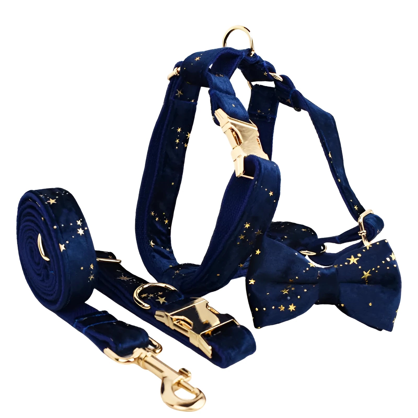 Fabric pet collar set with leash bow flowers vest and poop bag in blue on a white background
