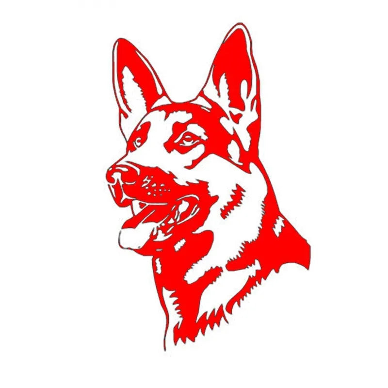 Reflective silver white Alsatian German Shepherd car bumper sticker on a vehicle.