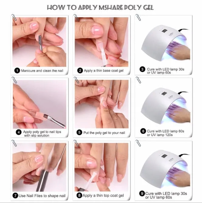 MSHARE acrylic poly gel in a tube with slip solution, available in pink, rose pink, transparent, and white for UV nail extensions
