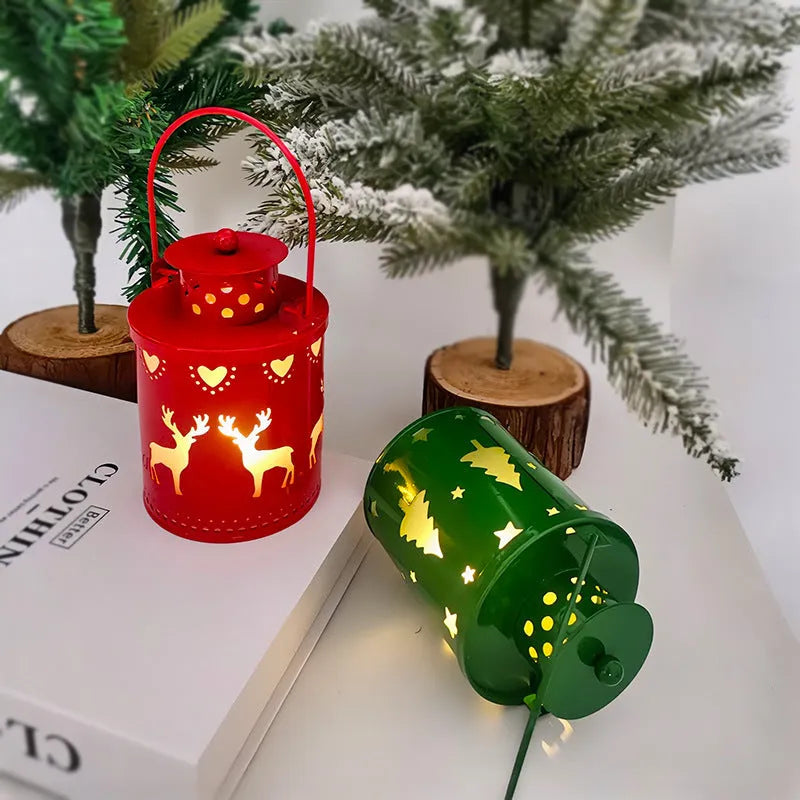 Green wrought iron Nordic style electronic candle lantern with LED flickering lights