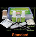 Nail patch kit with elastic strips, glue, debonding agent, alcohol wipes and grinding strips in a PP box