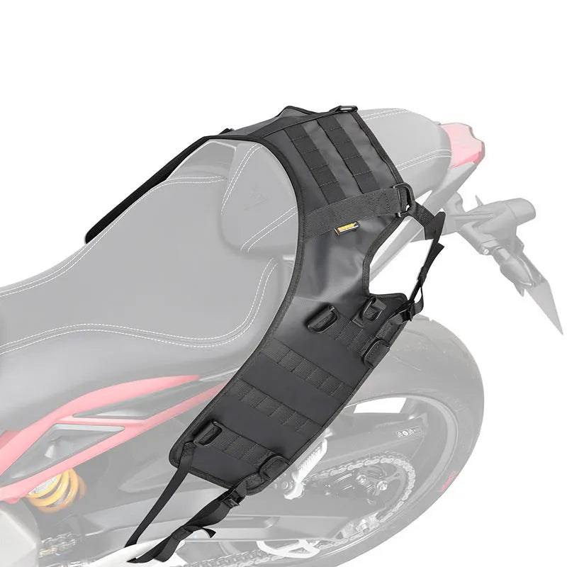 Black polyester motorcycle fuel tank mount base saddle shown flat, measuring 100cm by 40cm.