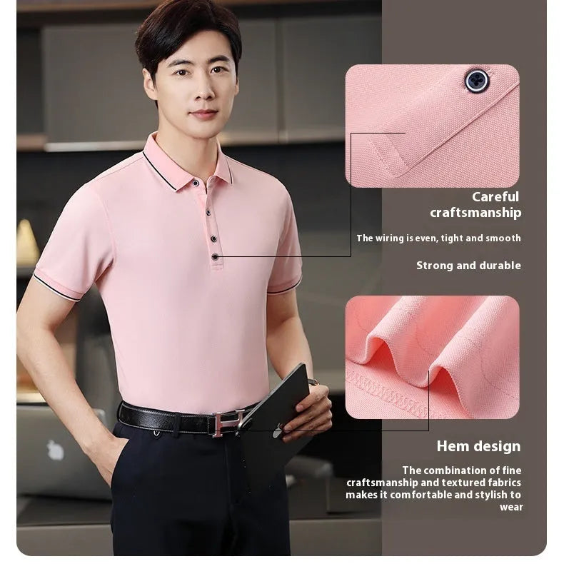 Short-sleeved polo work shirt for beauticians in cool silk cotton fabric with asymmetrical design
