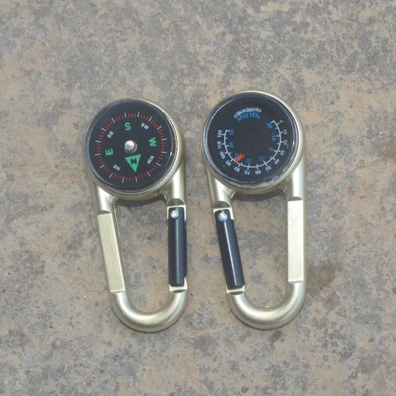 Zinc alloy camping carabiner with thermometer and compass in black, army green, or rose gold