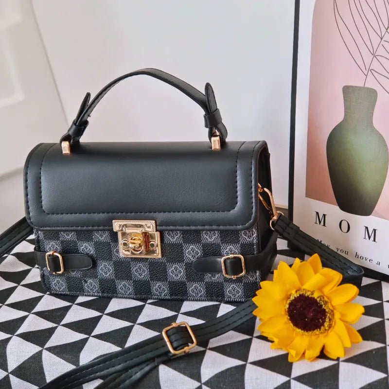 Retro square patterned women's crossbody bag in PU leather showing floral design.