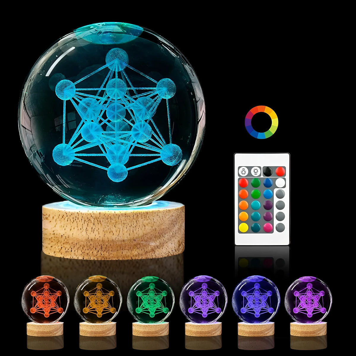 Glowing 3D spherical lamp with RGB remote control, transparent crystal ball, planet design, 8cm size