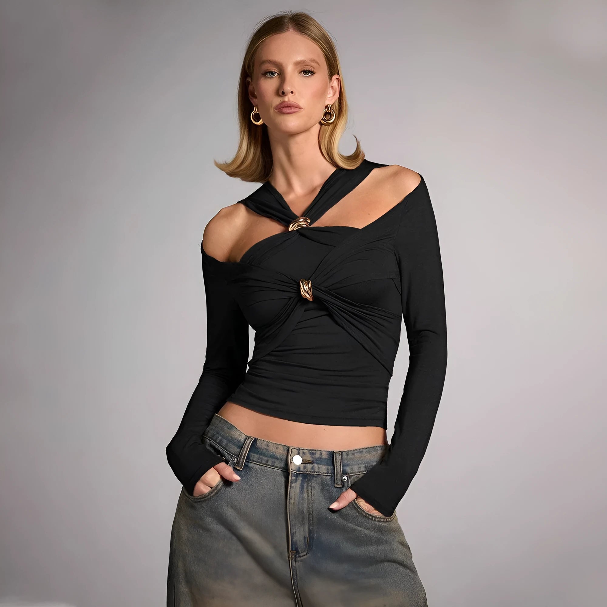 Black women's slim fit halter top with long sleeves, shown on a model.