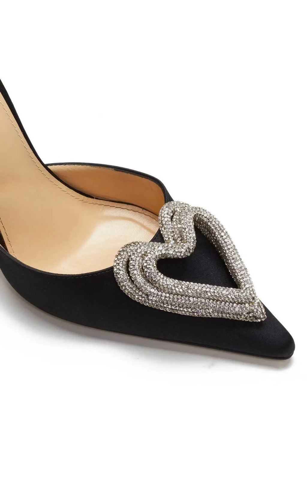 Women's fashionable black satin sandal with heart-shaped rhinestone and adjustable cross-belt strap.