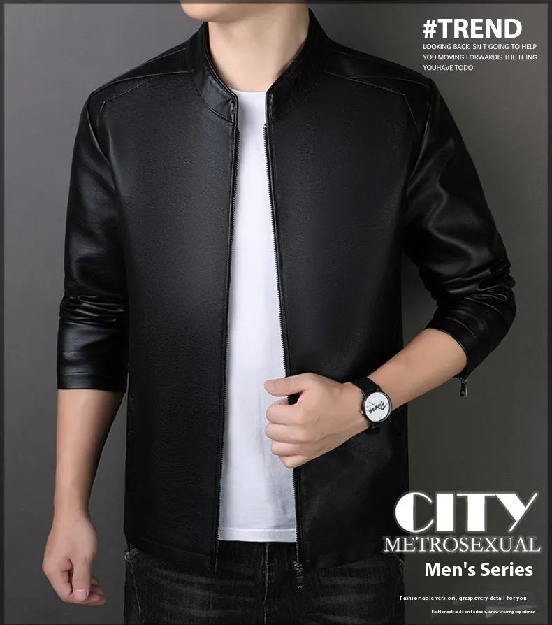 Men's PU leather jacket loose fit medium length 65cm black colour front view