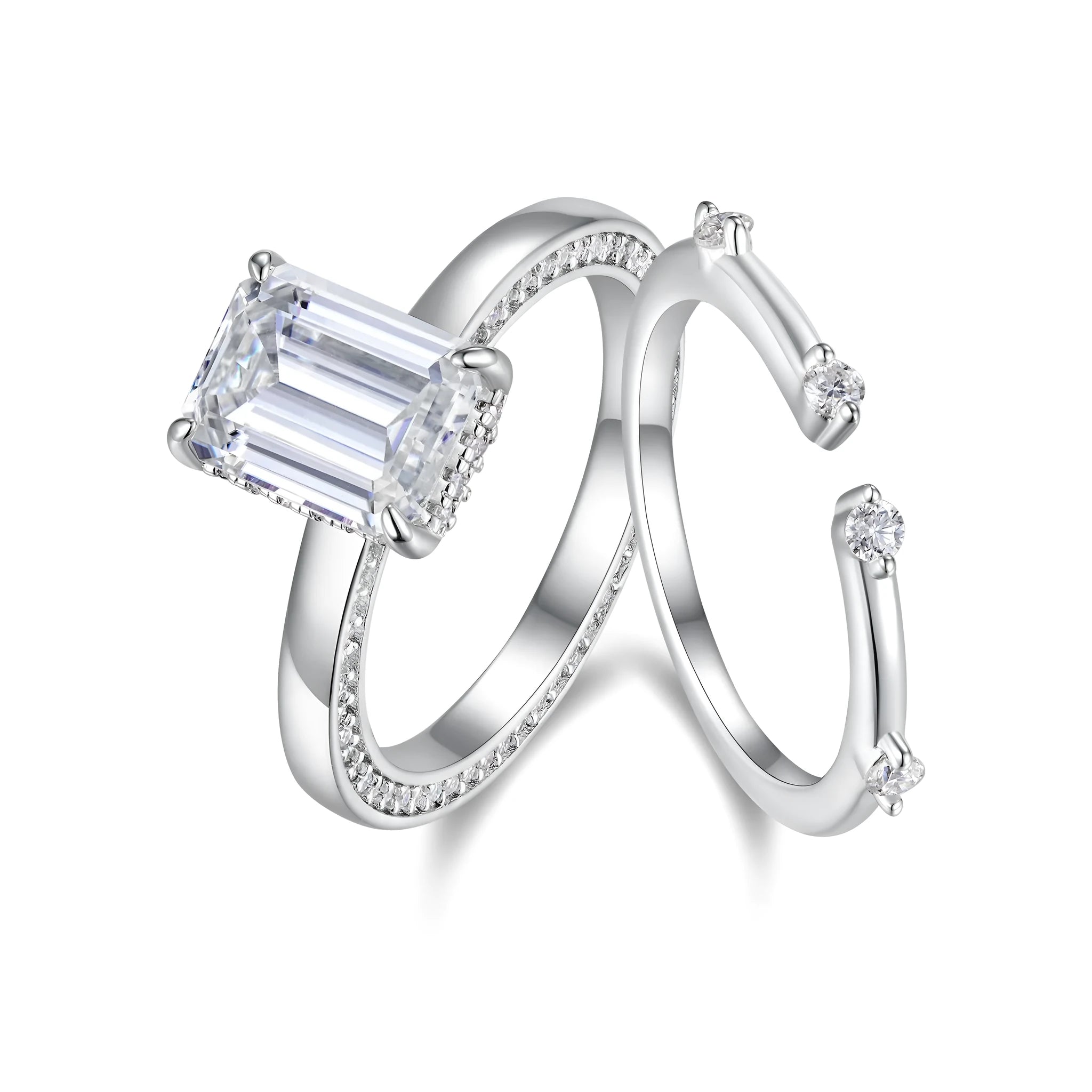 Star Eye octagonal 7x9mm moissanite ring platinum plated S925 silver on white background