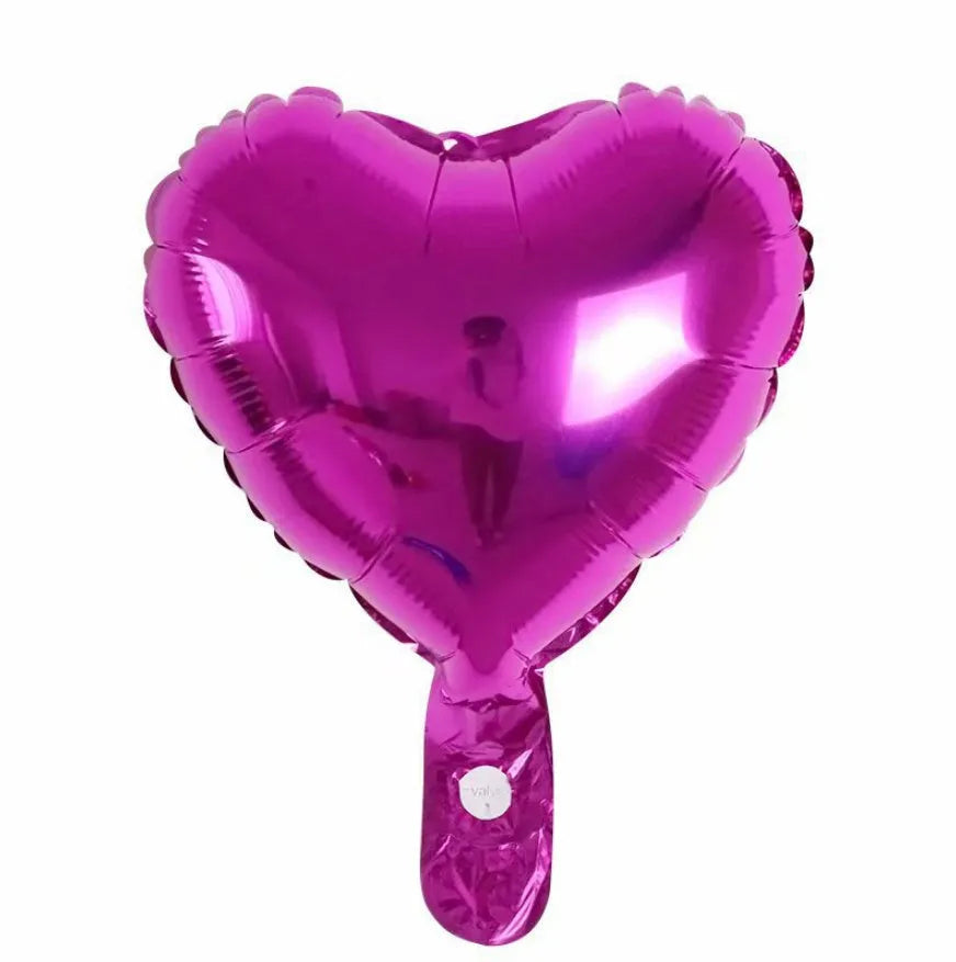 Set of five shiny metallic peach heart-shaped aluminium foil balloons in assorted colours, each measuring 5 inches.