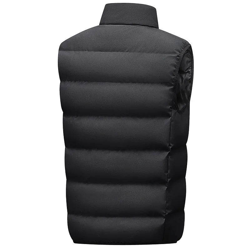 Men's waterproof polyester vest in black with straight hem, front view