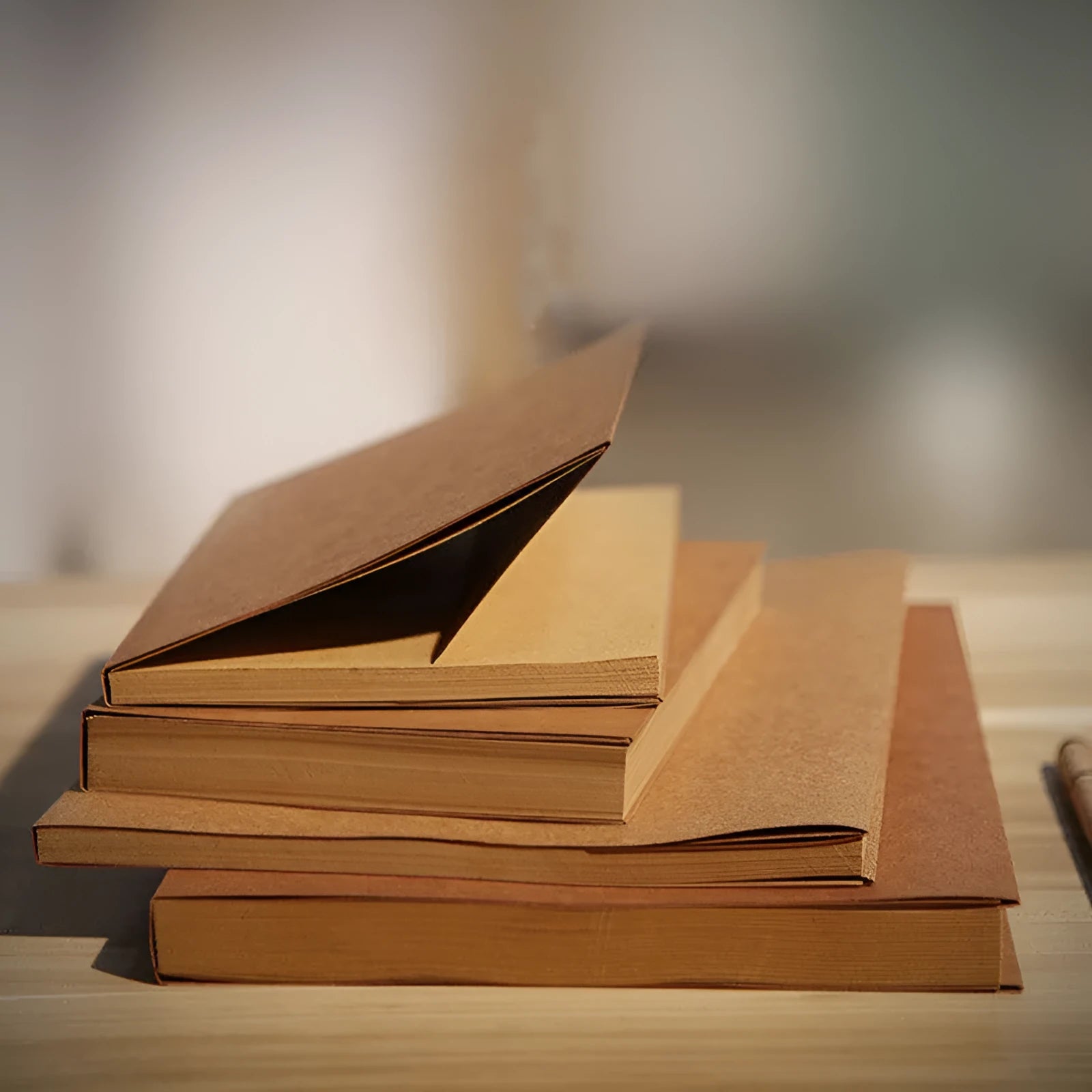 Brown and white kraft paper sketchbooks with lay-flat binding, shown in 16K and 32K sizes.