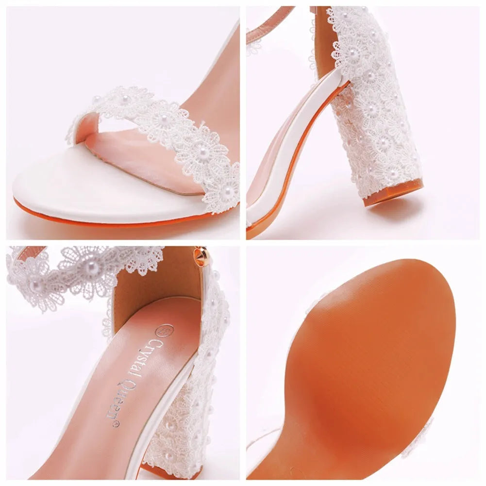 Women's shallow mouth square heel sandals with bead detail, white colour, PU upper
