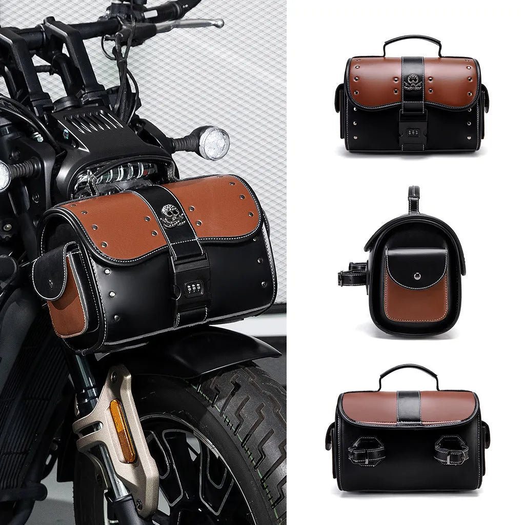 PU leather motorcycle front bag with patchwork design, mounted on handlebars.
