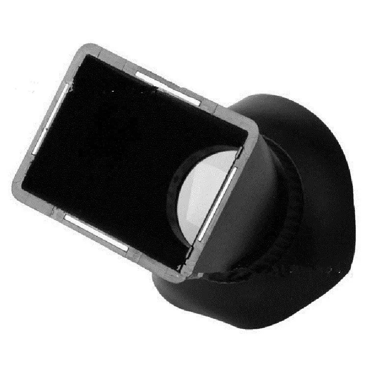 Black camera LCD viewfinder magnifier attached to a DSLR, showing a magnified screen display.