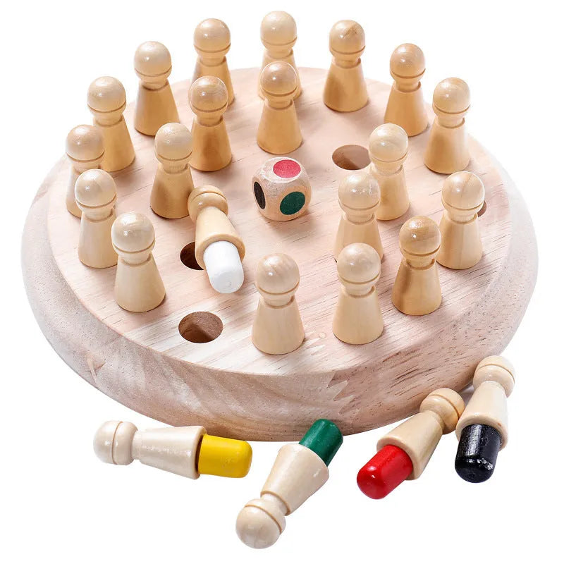 Wooden memory chess game for children with beech wood board and colour pieces for educational play