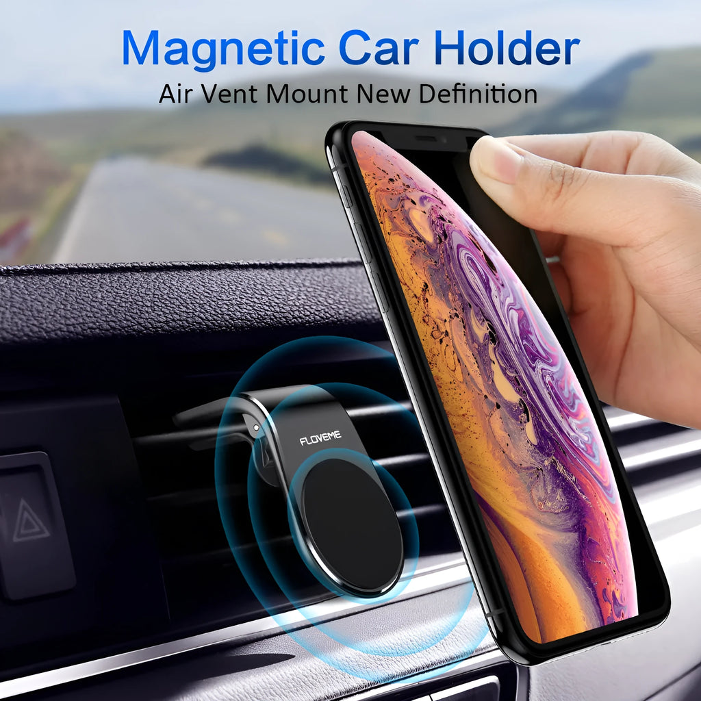 Floveme black car magnet phone bracket attached to air vent with silver aluminium alloy finish