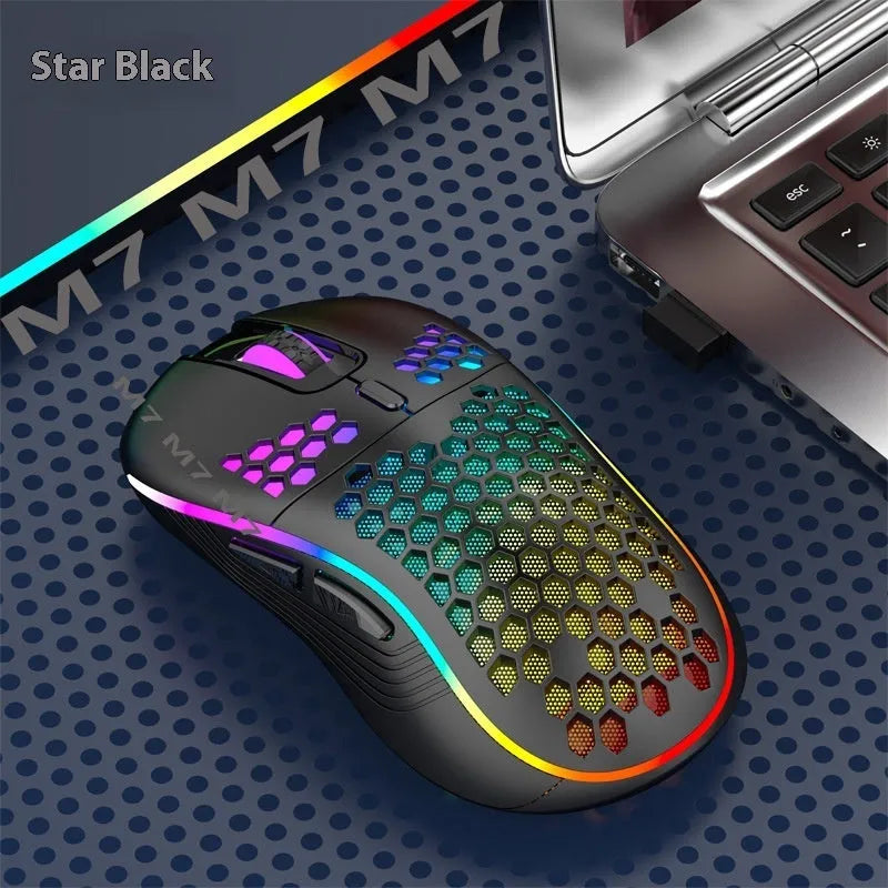 Hole hollow-out luminous wireless gaming mouse in black, with self-charging and 2.4G USB connection