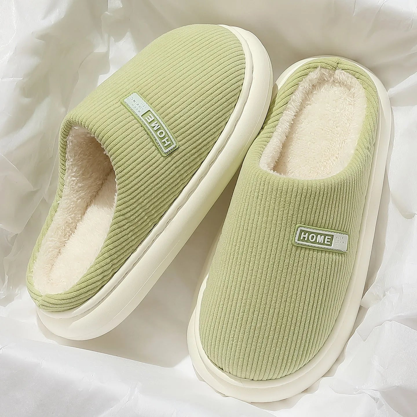 Plush non-slip cotton slippers with striped pattern and EVA sole in gray, green, pink, dark blue, and white