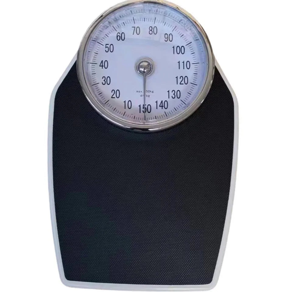 Black mechanical bathroom scale with large dial on a 47x35cm platform.